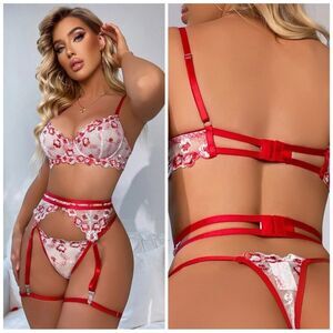 ❤️ NEW 3 pack Floral Embroidered Mesh Underwire Garter Lingerie Set